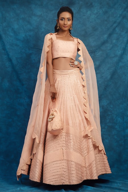 Vridhi Somaani Peach Mirror Embroidered Lehenga Set 