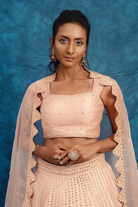 Buy Vridhi Somaani Peach Silk, Organza Mirrors, Embroidery Sweetheart Neck Lehenga Set Online at Aza Fashions Buy_Vridhi Somaani_Peach Silk, Organza Mirrors, Embroidery Sweetheart Neck Lehenga Set _Online_at_Aza_Fashions