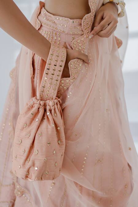 Shop Vridhi Somaani Peach Silk, Organza Mirrors, Embroidery Sweetheart Neck Lehenga Set Online at Aza Fashions Shop_Vridhi Somaani_Peach Silk, Organza Mirrors, Embroidery Sweetheart Neck Lehenga Set _Online_at_Aza_Fashions