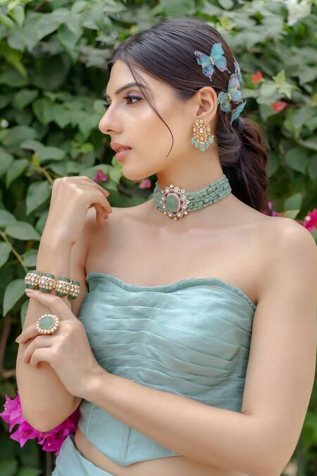 Vridhi Somaani_Green Net, Organza Zari, Embroidery Sweetheart Neck Zardozi Sage Lehenga Set _at_Aza_Fashions