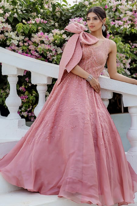 VRIDHI SOMAANI Pink Hand Embroidered Gown with Bow 