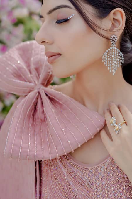 Vridhi Somaani_Pink Satin Cut Work Scoop Neck Hand Embroidered Gown With Bow _Online_at_Aza_Fashions
