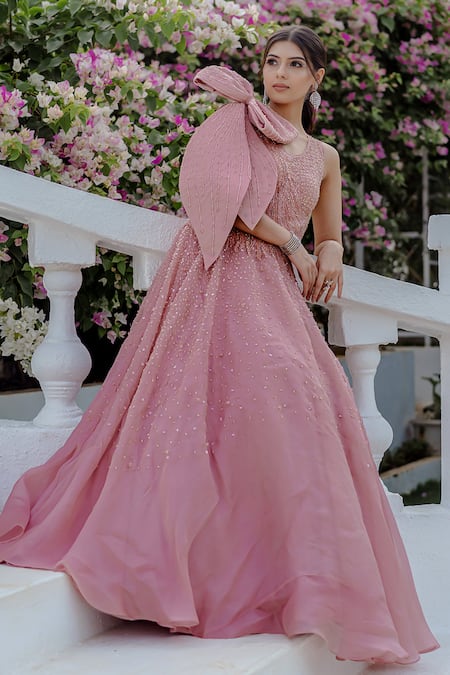 Buy_Vridhi Somaani_Pink Satin Cut Work Scoop Neck Hand Embroidered Gown With Bow _Online_at_Aza_Fashions