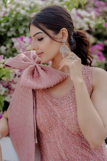 Vridhi Somaani_Pink Satin Cut Work Scoop Neck Hand Embroidered Gown With Bow _at_Aza_Fashions