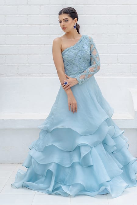 VRIDHI SOMAANI Hyacinth One Shoulder Ruffle Gown 