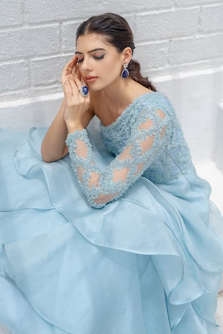 Vridhi Somaani Ice Blue Floral Jaal One Shoulder Gown 
