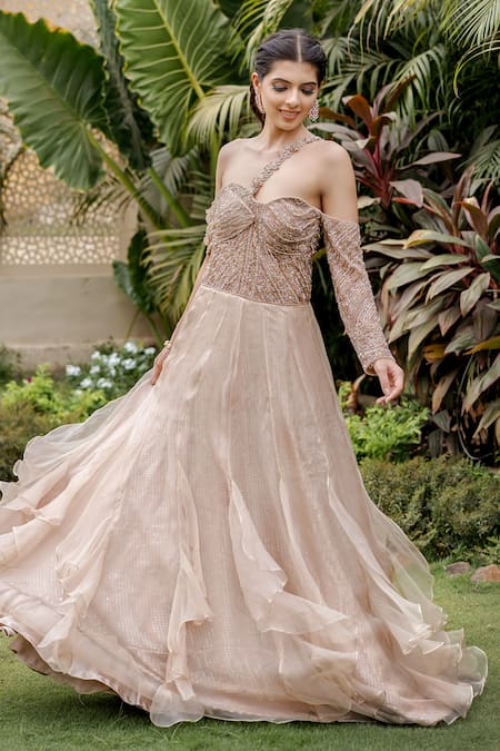 Vridhi Somaani Gold Ruffle Off Shoulder Gown 