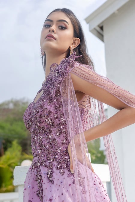 Vridhi Somaani_Purple Net, Satin Cut Work Asymmetric Ombre Floral Applique Gown _Online_at_Aza_Fashions