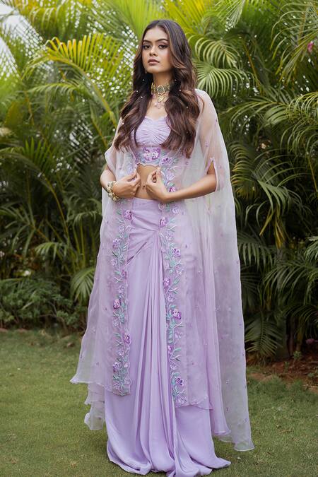 Shop_Vridhi Somaani_Purple Organza, Crepe Beads, Embroidery Floral Cape And Drape Skirt Set _at_Aza_Fashions