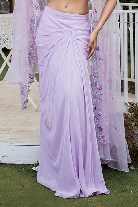 Vridhi Somaani_Purple Organza, Crepe Beads, Embroidery Floral Cape And Drape Skirt Set _Online_at_Aza_Fashions