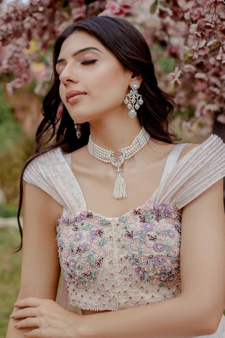 Vridhi Somaani_Ivory Silk, Organza Pearls, Beads, Applique Sweetheart 3d Floral Lehenga Set _Online_at_Aza_Fashions