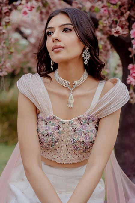 Buy_Vridhi Somaani_Ivory Silk, Organza Pearls, Beads, Applique Sweetheart 3d Floral Lehenga Set _Online_at_Aza_Fashions
