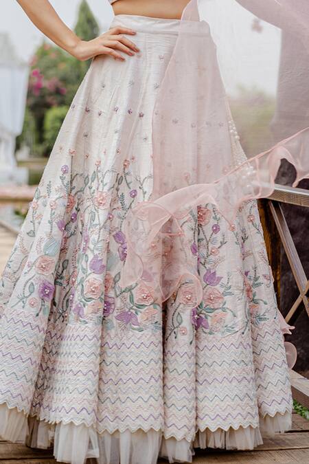 Shop_Vridhi Somaani_Ivory Silk, Organza Pearls, Beads, Applique Sweetheart 3d Floral Lehenga Set _Online_at_Aza_Fashions