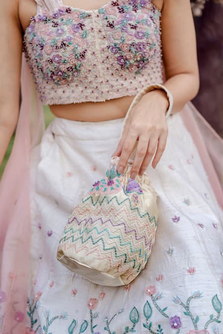 Vridhi Somaani_Ivory Silk, Organza Pearls, Beads, Applique Sweetheart 3d Floral Lehenga Set _at_Aza_Fashions