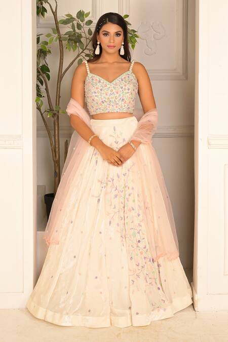 Buy_Vridhi Somaani_Ivory Silk, Net, Velvet Pearls, Sequins V-neck Floral Embroidered Lehenga Set 