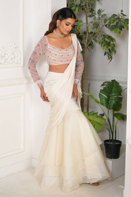Buy_Vridhi Somaani_Ivory Satin, Georgette, Organza Pearls, Sequins, Pre-draped Ruffle Saree Set _Online_at_Aza_Fashions