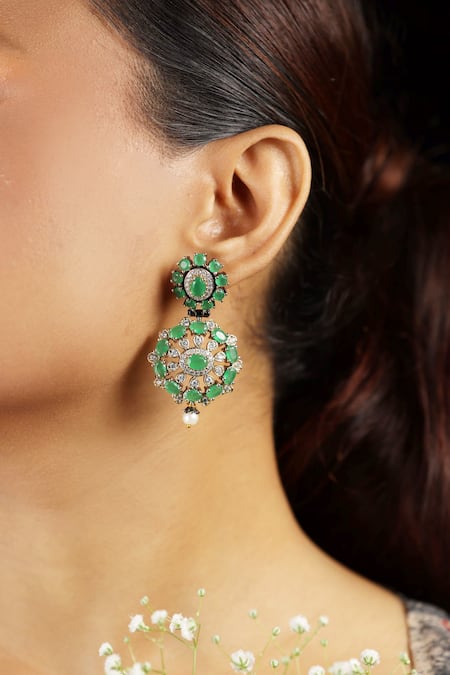 The Bling Girll Floral Emerald Stone Embellished Earrings 