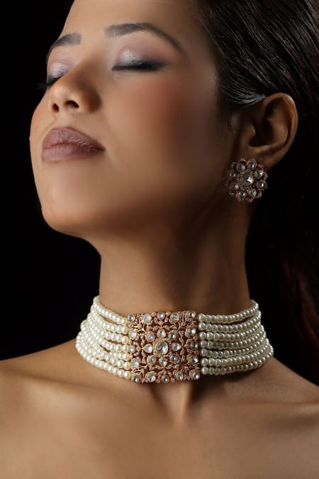The Bling Girll_Gold Plated Pearls Polki Necklace Set _Online_at_Aza_Fashions