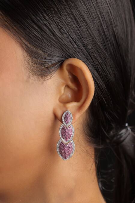 The Bling Girll_Pink Rhinestones Leaf Shaped Earrings _Online_at_Aza_Fashions