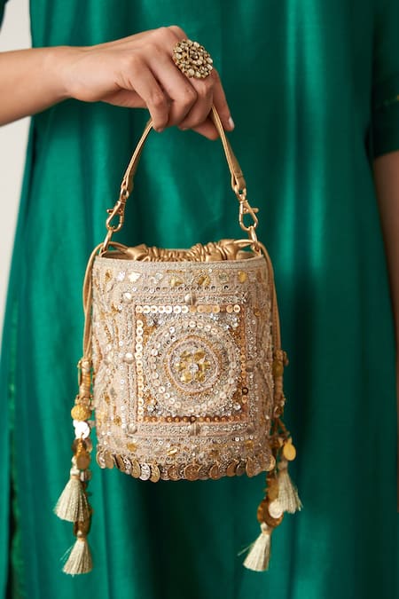Vaaya_Gold Gota Patti, Sequins, Zari And Silver Bucket Bag _Online_at_Aza_Fashions