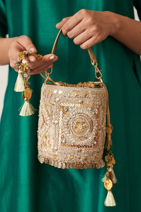 Buy_Vaaya_Gold Gota Patti, Sequins, Zari And Silver Bucket Bag _Online_at_Aza_Fashions