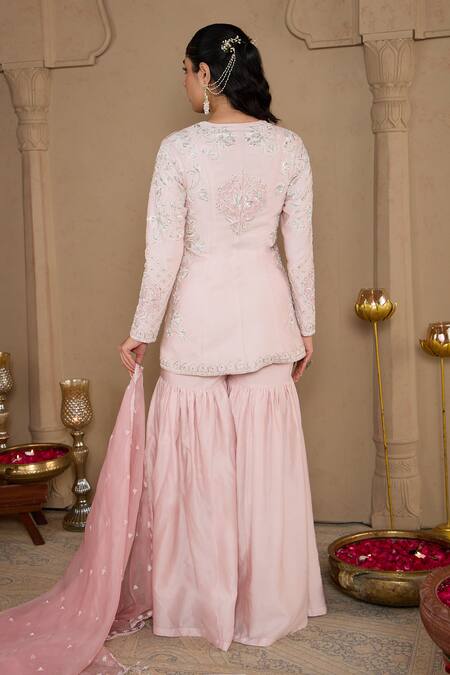Shop House Of Karmah Pink Chanderi, Silk Organza Embroidery, Sequins, Floral Zari Kurta Gharara Set at Aza Fashions Shop_House Of Karmah_Pink Chanderi, Silk Organza Embroidery, Sequins, Floral Zari Kurta Gharara Set _at_Aza_Fashions
