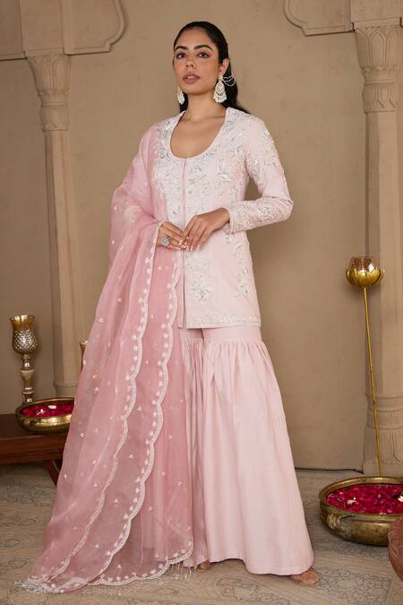 House Of Karmah Pink Chanderi, Silk Organza Embroidery, Sequins, Floral Zari Kurta Gharara Set Online at Aza Fashions House Of Karmah_Pink Chanderi, Silk Organza Embroidery, Sequins, Floral Zari Kurta Gharara Set _Online_at_Aza_Fashions