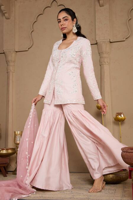 Shop House Of Karmah Pink Chanderi, Silk Organza Embroidery, Sequins, Floral Zari Kurta Gharara Set Online at Aza Fashions Shop_House Of Karmah_Pink Chanderi, Silk Organza Embroidery, Sequins, Floral Zari Kurta Gharara Set _Online_at_Aza_Fashions