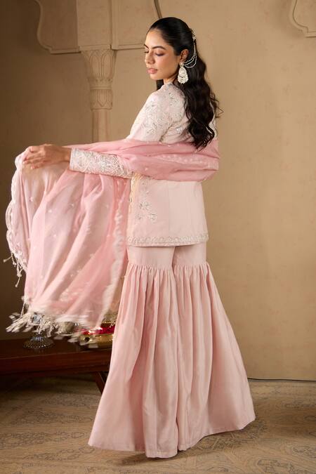 House Of Karmah Pink Chanderi, Silk Organza Embroidery, Sequins, Floral Zari Kurta Gharara Set at Aza Fashions House Of Karmah_Pink Chanderi, Silk Organza Embroidery, Sequins, Floral Zari Kurta Gharara Set _at_Aza_Fashions