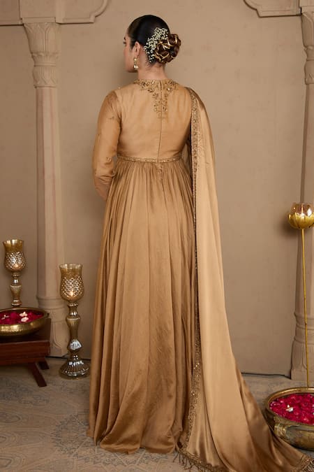 Shop_House Of KàRMàH_Gold Chanderi, Silk Satin Sequins, Beads, Zari, Floral Motif Angarkha Set _at_Aza_Fashions