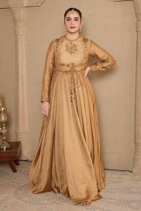 House Of KàRMàH_Gold Chanderi, Silk Satin Sequins, Beads, Zari, Floral Motif Angarkha Set _Online_at_Aza_Fashions