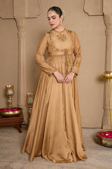 Buy_House Of KàRMàH_Gold Chanderi, Silk Satin Sequins, Beads, Zari, Floral Motif Angarkha Set _Online_at_Aza_Fashions