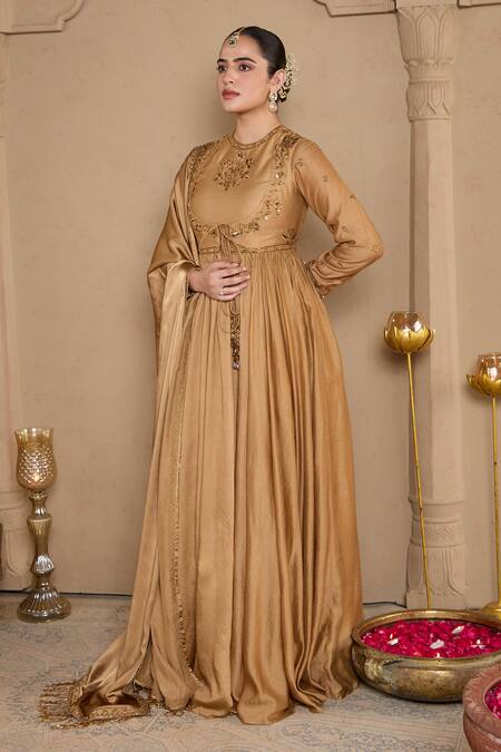 Shop_House Of KàRMàH_Gold Chanderi, Silk Satin Sequins, Beads, Zari, Floral Motif Angarkha Set _Online_at_Aza_Fashions