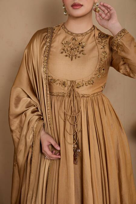House Of KàRMàH_Gold Chanderi, Silk Satin Sequins, Beads, Zari, Floral Motif Angarkha Set _at_Aza_Fashions