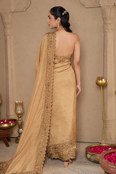 Shop House Of Karmah Gold Chanderi, Silk Cut Work, Beads, Zari Halter Embroidered Saree With Blouse at Aza Fashions Shop_House Of Karmah_Gold Chanderi, Silk Cut Work, Beads, Zari Halter Embroidered Saree With Blouse _at_Aza_Fashions