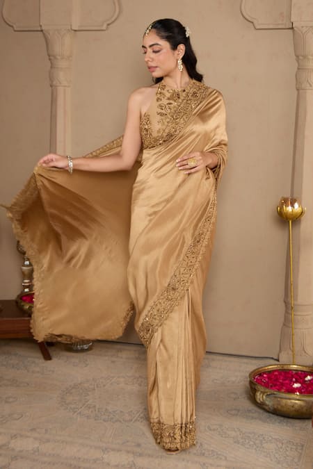 Buy House Of Karmah Gold Chanderi, Silk Cut Work, Beads, Zari Halter Embroidered Saree With Blouse Online at Aza Fashions Buy_House Of Karmah_Gold Chanderi, Silk Cut Work, Beads, Zari Halter Embroidered Saree With Blouse _Online_at_Aza_Fashions
