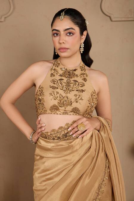 Shop House Of Karmah Gold Chanderi, Silk Cut Work, Beads, Zari Halter Embroidered Saree With Blouse Online at Aza Fashions Shop_House Of Karmah_Gold Chanderi, Silk Cut Work, Beads, Zari Halter Embroidered Saree With Blouse _Online_at_Aza_Fashions