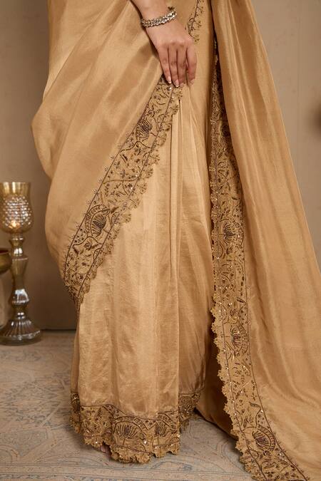 House Of Karmah Gold Chanderi, Silk Cut Work, Beads, Zari Halter Embroidered Saree With Blouse at Aza Fashions House Of Karmah_Gold Chanderi, Silk Cut Work, Beads, Zari Halter Embroidered Saree With Blouse _at_Aza_Fashions