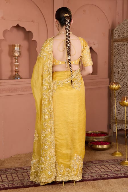 Shop House Of Karmah Yellow Chanderi, Tissue Cut Work, Beads, Zari V-neck Embroidered Saree Set at Aza Fashions Shop_House Of Karmah_Yellow Chanderi, Tissue Cut Work, Beads, Zari V-neck Embroidered Saree Set _at_Aza_Fashions