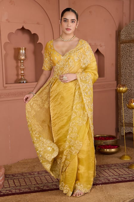 House Of Karmah Yellow Chanderi, Tissue Cut Work, Beads, Zari V-neck Embroidered Saree Set Online at Aza Fashions House Of Karmah_Yellow Chanderi, Tissue Cut Work, Beads, Zari V-neck Embroidered Saree Set _Online_at_Aza_Fashions