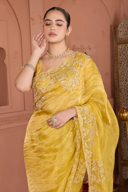 Buy House Of Karmah Yellow Chanderi, Tissue Cut Work, Beads, Zari V-neck Embroidered Saree Set Online at Aza Fashions Buy_House Of Karmah_Yellow Chanderi, Tissue Cut Work, Beads, Zari V-neck Embroidered Saree Set _Online_at_Aza_Fashions