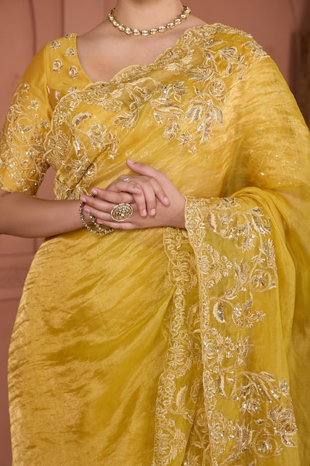 Shop House Of Karmah Yellow Chanderi, Tissue Cut Work, Beads, Zari V-neck Embroidered Saree Set Online at Aza Fashions Shop_House Of Karmah_Yellow Chanderi, Tissue Cut Work, Beads, Zari V-neck Embroidered Saree Set _Online_at_Aza_Fashions