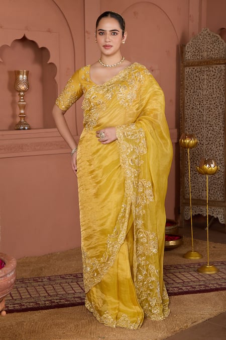 House Of Karmah Yellow Chanderi, Tissue Cut Work, Beads, Zari V-neck Embroidered Saree Set at Aza Fashions House Of Karmah_Yellow Chanderi, Tissue Cut Work, Beads, Zari V-neck Embroidered Saree Set _at_Aza_Fashions