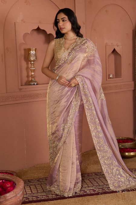 HOUSE OF KÀRMÀH Purple Tissue Embroidered Cutdana V Neck Chanderi Saree With Floral Blouse 