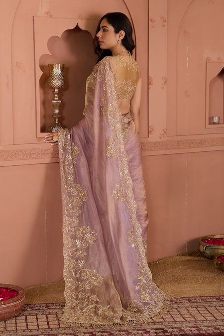 Shop House Of Karmah Purple Chanderi, Tissue Cut Work, Beads, Zari V-neck Lilac Saree Set at Aza Fashions Shop_House Of Karmah_Purple Chanderi, Tissue Cut Work, Beads, Zari V-neck Lilac Saree Set _at_Aza_Fashions
