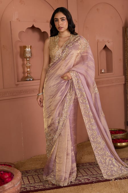 House Of Karmah Purple Chanderi, Tissue Cut Work, Beads, Zari V-neck Lilac Saree Set Online at Aza Fashions House Of Karmah_Purple Chanderi, Tissue Cut Work, Beads, Zari V-neck Lilac Saree Set _Online_at_Aza_Fashions