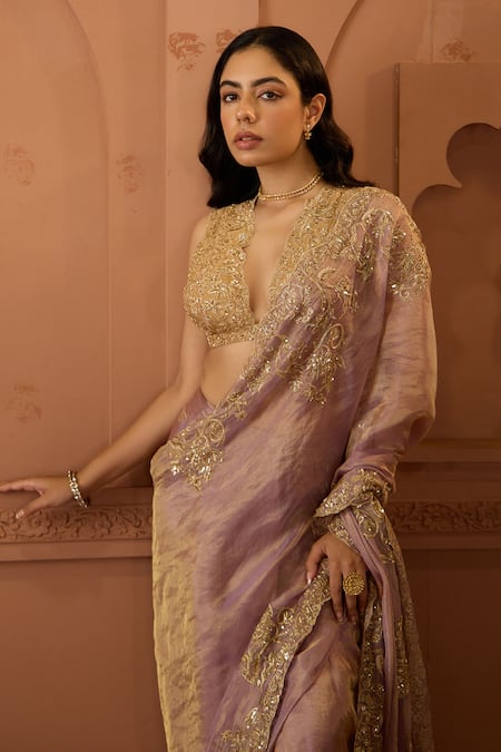 Buy House Of Karmah Purple Chanderi, Tissue Cut Work, Beads, Zari V-neck Lilac Saree Set Online at Aza Fashions Buy_House Of Karmah_Purple Chanderi, Tissue Cut Work, Beads, Zari V-neck Lilac Saree Set _Online_at_Aza_Fashions
