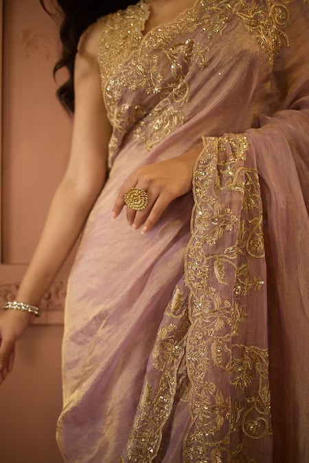 House Of Karmah Purple Chanderi, Tissue Cut Work, Beads, Zari V-neck Lilac Saree Set at Aza Fashions House Of Karmah_Purple Chanderi, Tissue Cut Work, Beads, Zari V-neck Lilac Saree Set _at_Aza_Fashions