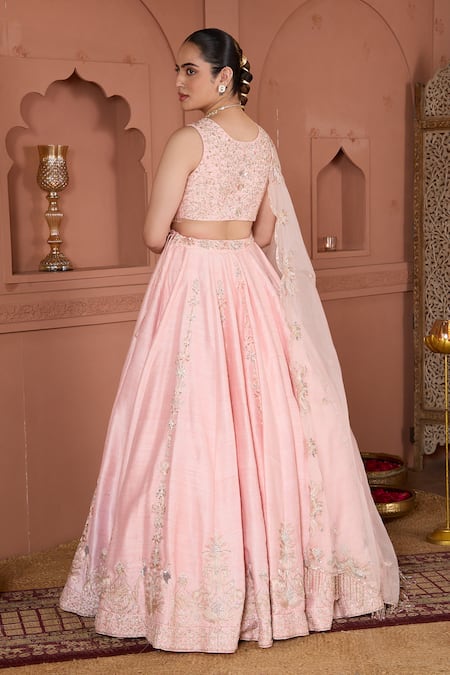 Shop House Of Karmah Peach Silk, Organza Beads, Embroidery V-neck Floral Lehenga Set at Aza Fashions Shop_House Of Karmah_Peach Silk, Organza Beads, Embroidery V-neck Floral Lehenga Set _at_Aza_Fashions
