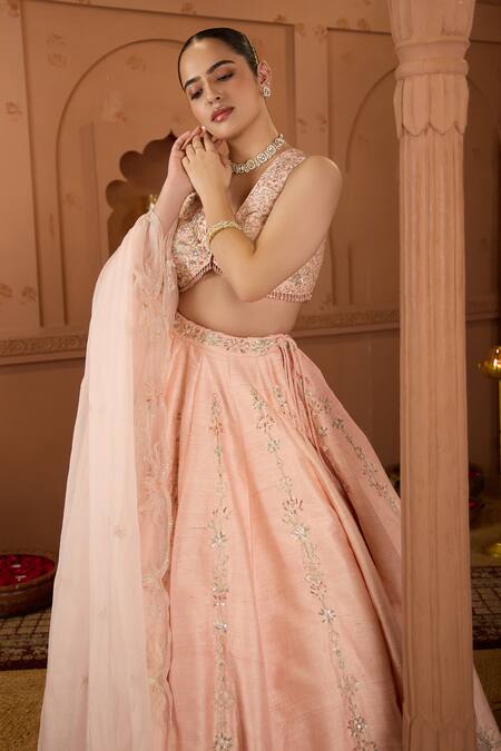 House Of Karmah Peach Silk, Organza Beads, Embroidery V-neck Floral Lehenga Set Online at Aza Fashions House Of Karmah_Peach Silk, Organza Beads, Embroidery V-neck Floral Lehenga Set _Online_at_Aza_Fashions